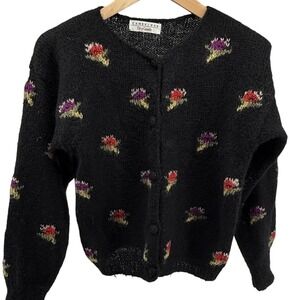 Cambridge Dry Goods Black Floral Knit Button Up Cardigan Sweater Women